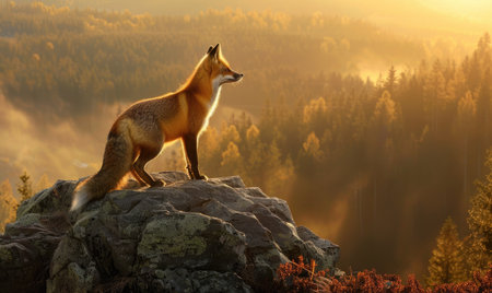 Fox standing on a rocky outcrop overlooking the forestの素材