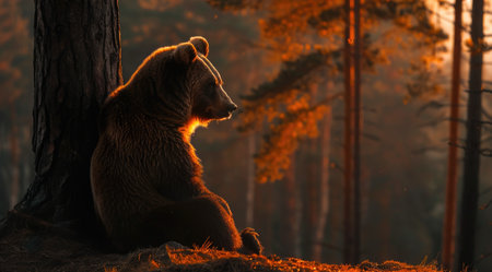 Bear sitting by a tree overlooking the forestの素材