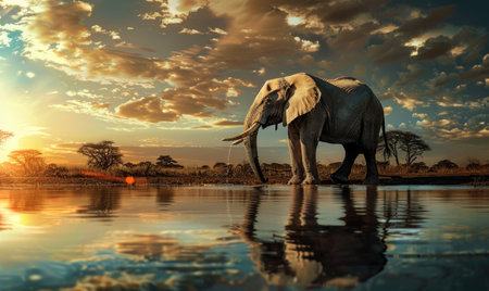 Elephant at a watering hole, savannah background, sunset lightの素材