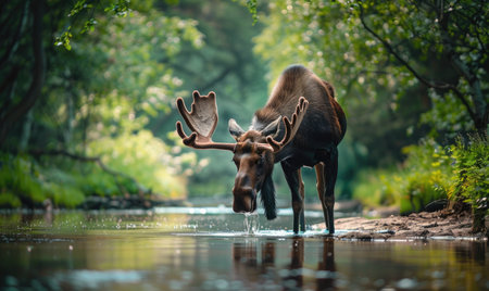 Moose drinking from a river, lush forest backgroundの素材