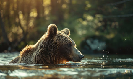 Bear bathing in a river cool waterの素材