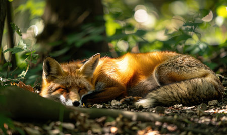 Fox lying in the shade, dappled sunlightの素材