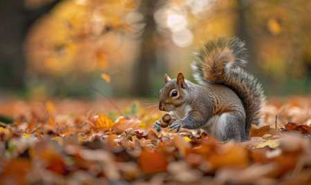 Squirrel gathering acorns on the forest floorの素材