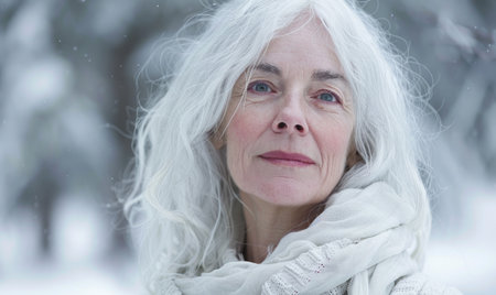 Portrait of a middle-aged woman with pure white hairの素材