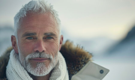 Portrait of a middle-aged man with pure white hairの素材