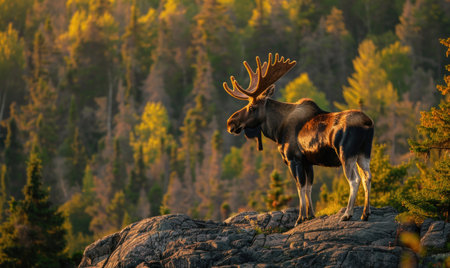 Moose standing on a rocky outcrop, overlooking the forestの素材