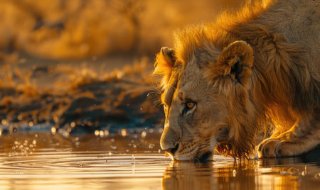 Lion drinking from a watering holeの素材