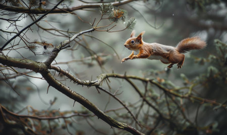Squirrel jumping from branch to branchの素材