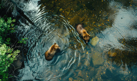 Top view of a bear bathing in a river cool waterの素材