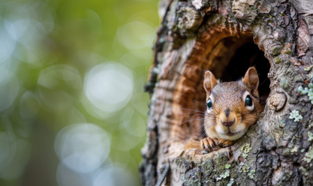 Squirrel peeking out from a tree hollowの素材