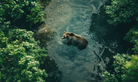 Top view of a bear fishing in a river, lush forest backgroundの素材