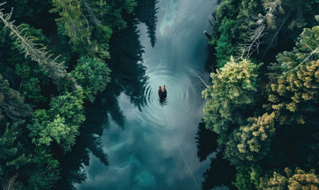 Top view of a bear fishing in a river, lush forest backgroundの素材