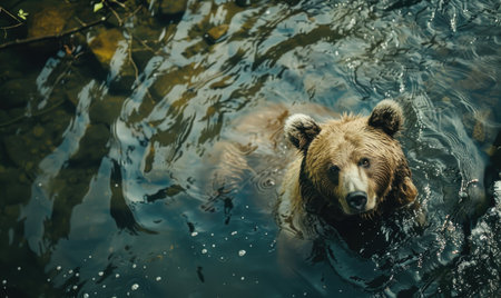 Top view of a bear bathing in a river cool waterの素材