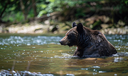 Bear bathing in a river cool waterの素材