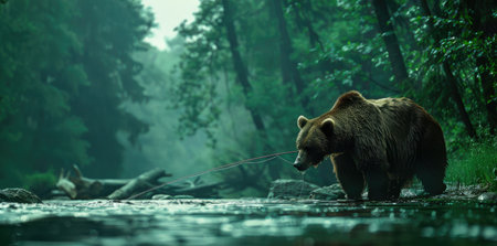 Bear bathing in a river cool waterの素材