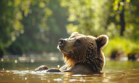 Bear bathing in a river cool waterの素材