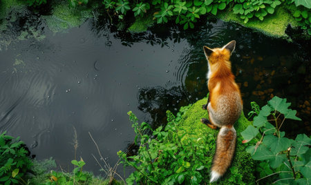 Top view of a fox sitting by a river, lush greeneryの素材