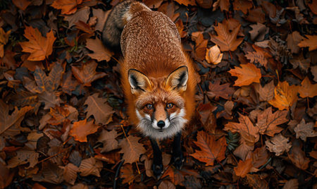 Top view of a fox walking through the forestの素材