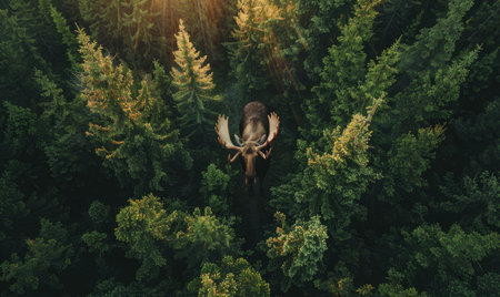 Top view of a moose walking through a dense forestの素材
