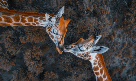 Top view of a giraffe mother with her calfの素材