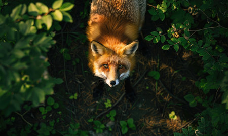 Top view of a fox prowling through the forestの素材