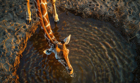 Top view of a giraffe standing near a watering holeの素材