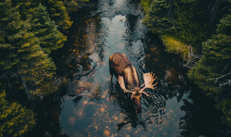 Top view of a moose drinking from a river, lush forest backgroundの素材