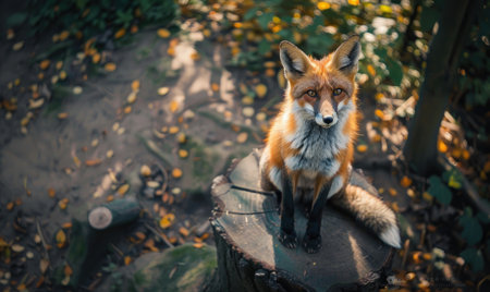Top view of a fox sitting on a stump in a dense forestの素材
