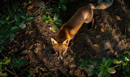 Top view of a fox prowling through the forestの素材