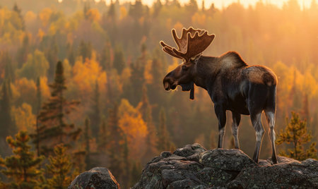 Top view of a moose standing on a rocky outcropの素材