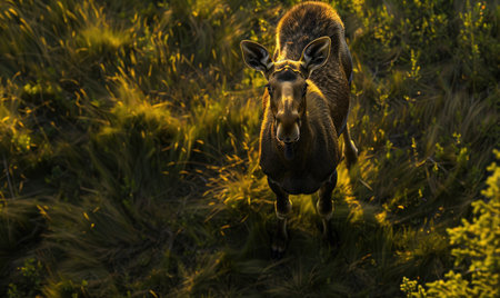 Top view of a moose standing at the edge of a forest clearingの素材