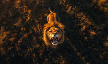 Top view of a lion roaring at dawn, standing on a grassy hillの素材