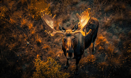 Top view of a moose standing at the edge of a forest clearingの素材