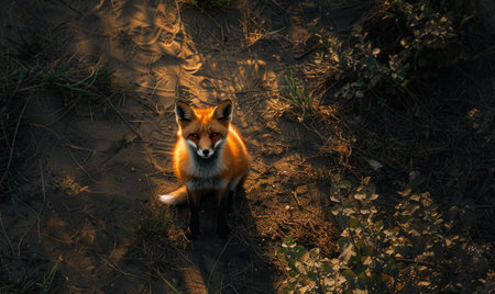Top view of a fox prowling through the forestの素材
