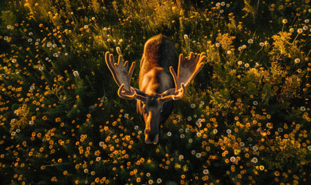 Top view of a moose standing at the edge of a forest clearingの素材
