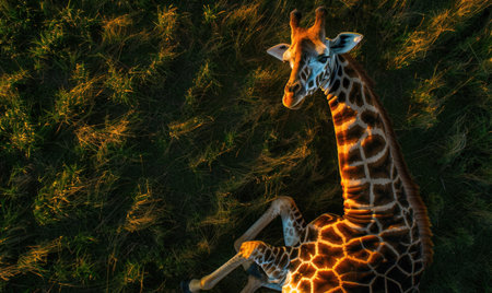 Top view of a giraffe lying down in the grassの素材