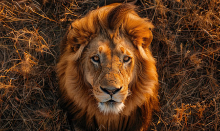 Top view of a lion sitting in the dry grassの素材