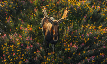Top view of a moose standing at the edge of a forest clearingの素材