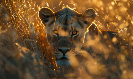 Top view of a lion walking through tall grassの素材