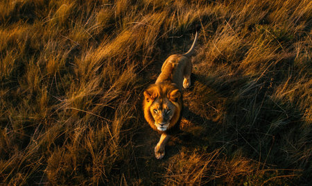 Top view of a lion walking through tall grassの素材