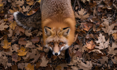 Top view of a fox walking through the forestの素材