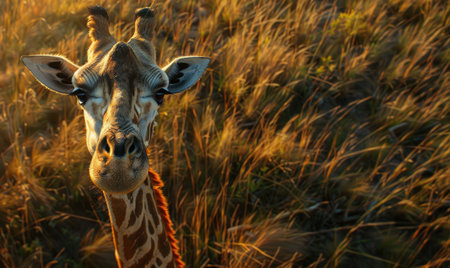 Top view of a giraffe looking towards the horizonの素材