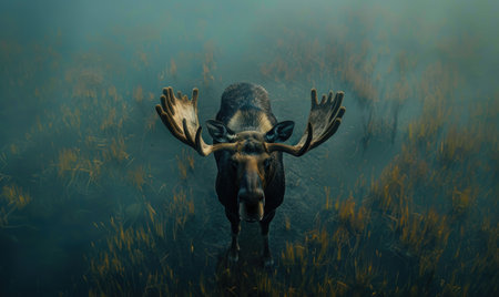 Top view of a moose standing in a meadow, early morning mistの素材