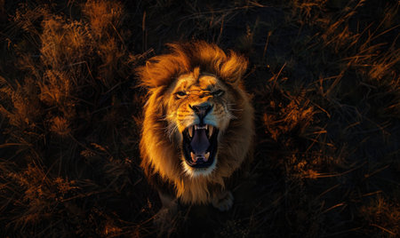 Top view of a lion roaring at dawn, standing on a grassy hillの素材