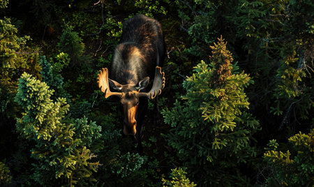 Top view of a moose walking through a dense forestの素材