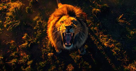 Top view of a lion roaring at dawn, standing on a grassy hillの素材