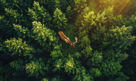 Top view of a moose walking through a dense forestの素材