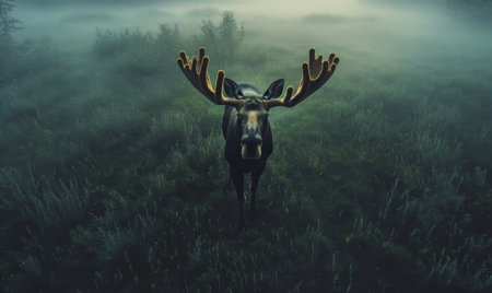 Top view of a moose standing in a meadow, early morning mistの素材