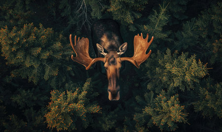 Top view of a moose standing at the edge of a forest clearingの素材