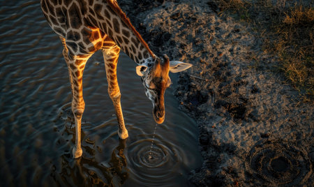 Top view of a giraffe standing near a watering holeの素材